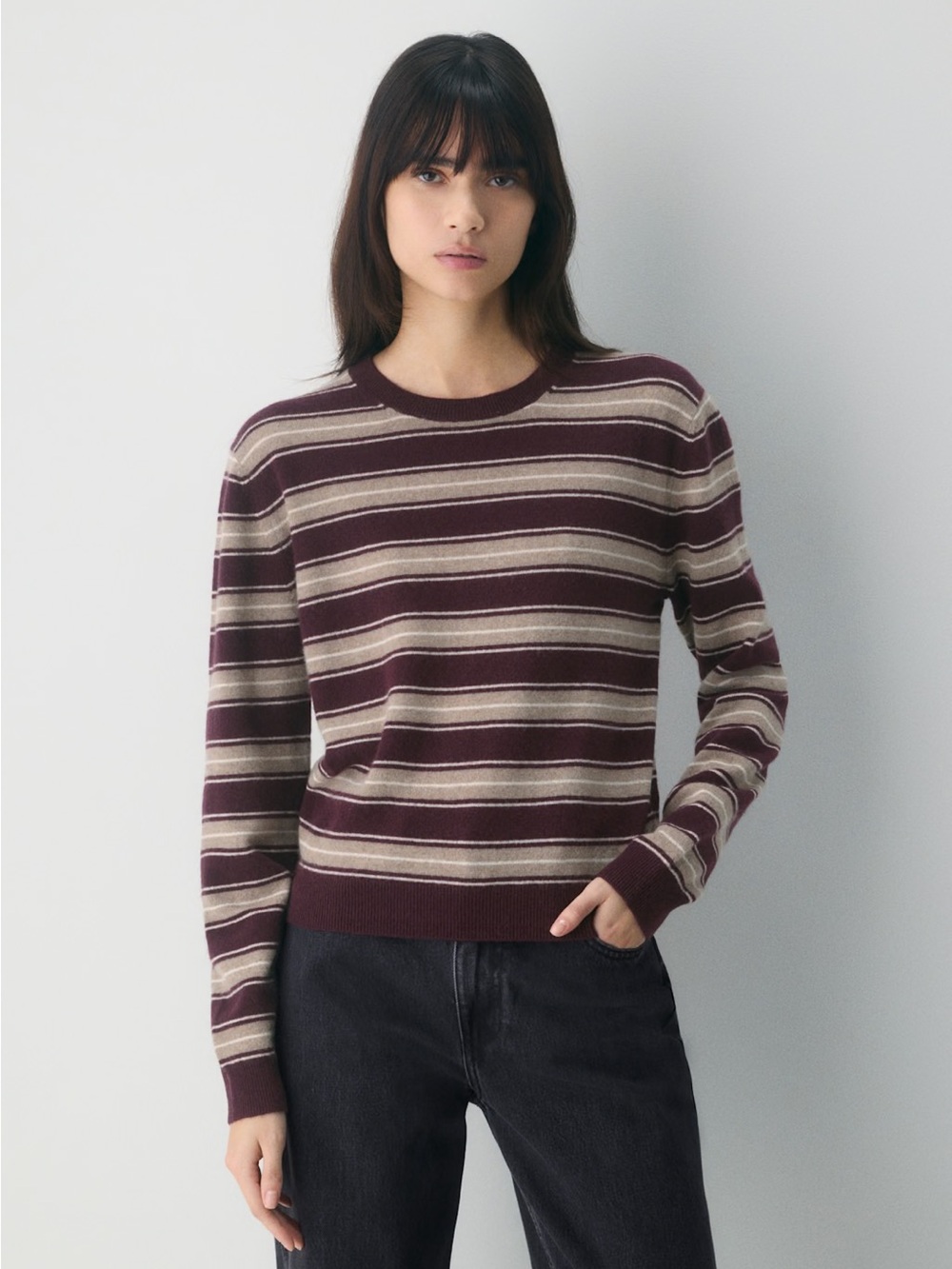 NWT Aritzia Bare Cashmere Striped Bloor Sweater - Cdn/Heather Nomad Taupe Small